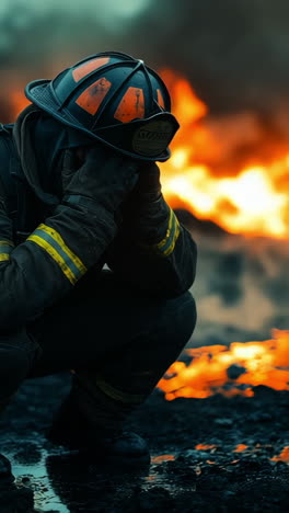 firefighter resting after fight. a firefighter sits on the ground, exhausted, amid smoke and flames after a challenging fire response.