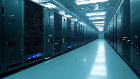 data center corridor with server racks under bright led lights