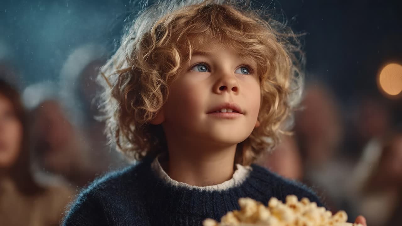 Un ragazzino con i capelli ricci e i popcorn aspetta emozionato l'inizio del film, catturando la gioiosa anticipazione di un'esperienza cinematografica