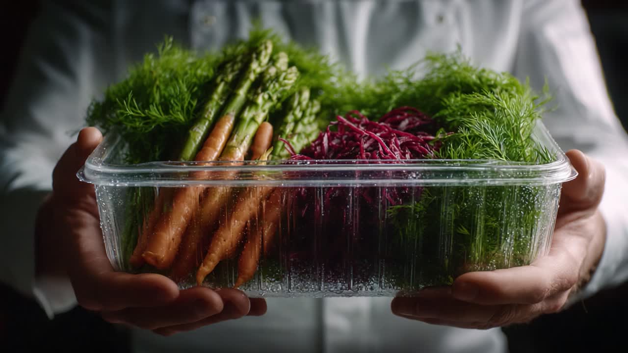 A chef holds a fresh container filled with an assortment of vibrant vegetables including carrots, asparagus, and red cabbage, showcasing nature's bounty in the kitchen
