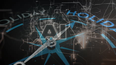 compass pointing north animation over abstract network connections and holiday text