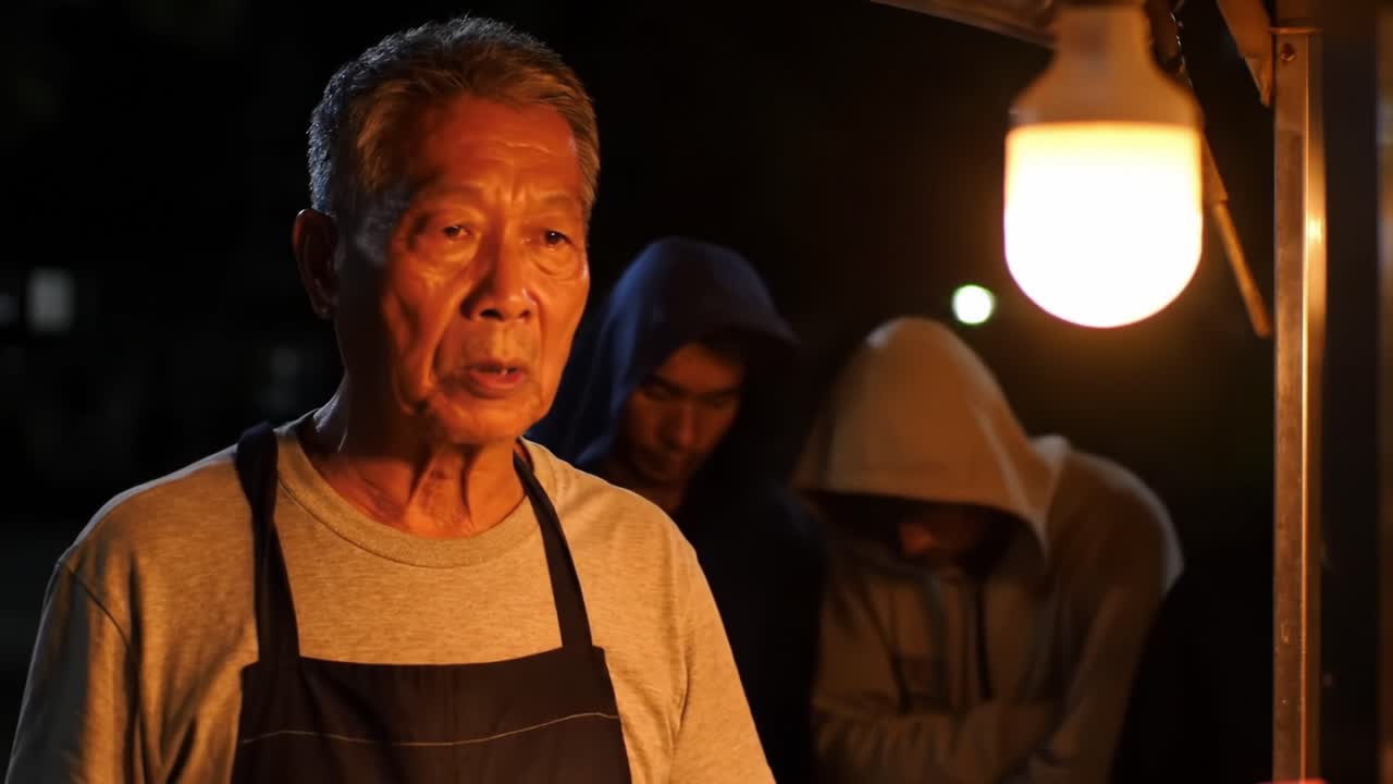 An elderly vendor prepares food under a warm street lamp while young customers in hoodies await their order, capturing a moment of connection in a bustling night market