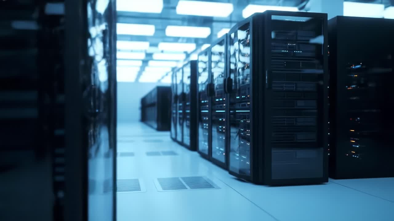 A glimpse into a high-tech data center featuring rows of sleek server racks. The environment is illuminated with blue lighting, showcasing the inner workings of data management.