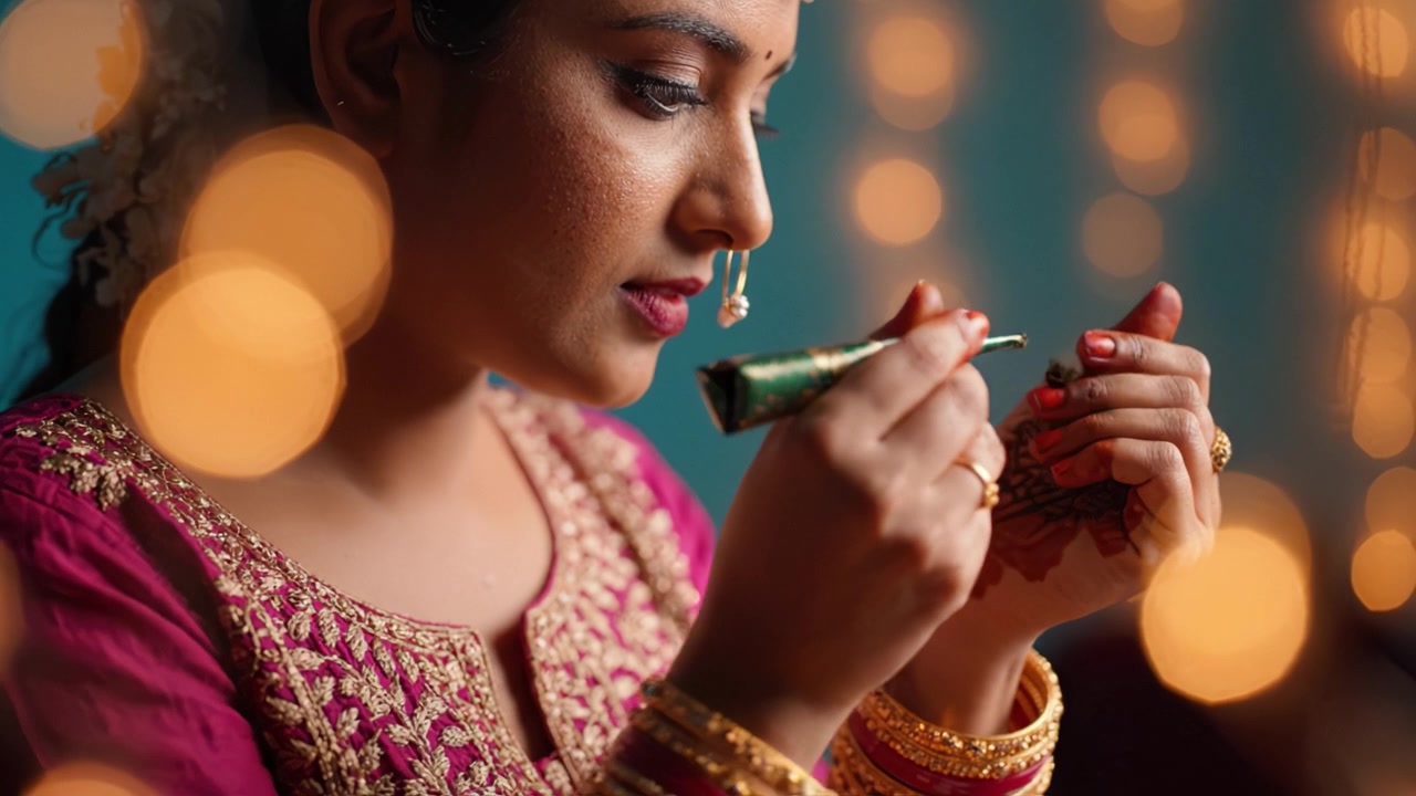 A woman delicately applying intricate henna designs while adorned in traditional attire, capturing the beauty of cultural rituals surrounded by soft glowing lights.