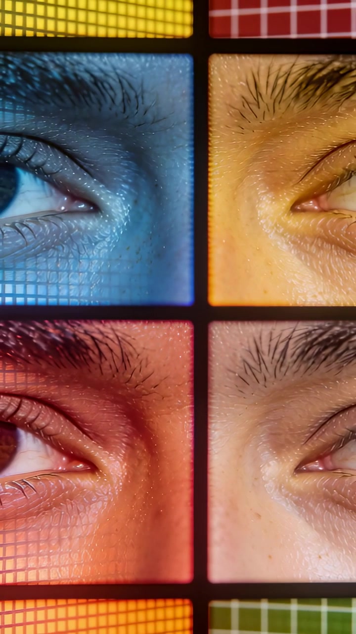 Vídeo vertical: Olhos se abrindo respondendo a uma rampa de cores em mosaico 2x2 de estúdio, com grade
