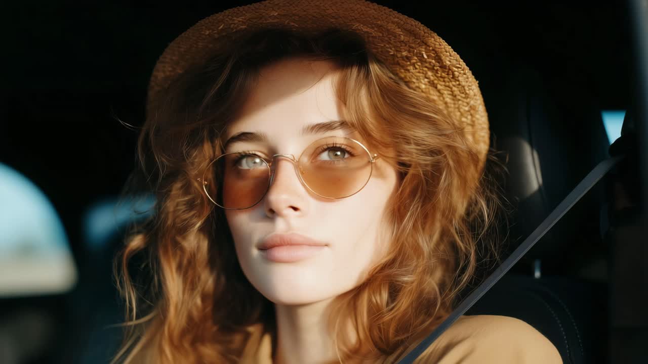 Portrait of a woman in a car wearing a hat and sunglasses