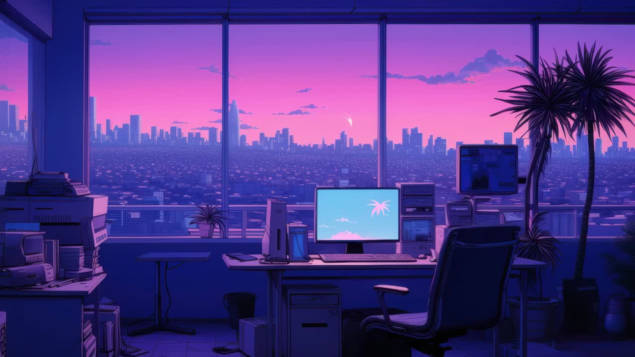 Aesthetic office scene with a wide-angle view of a city skyline at sunset