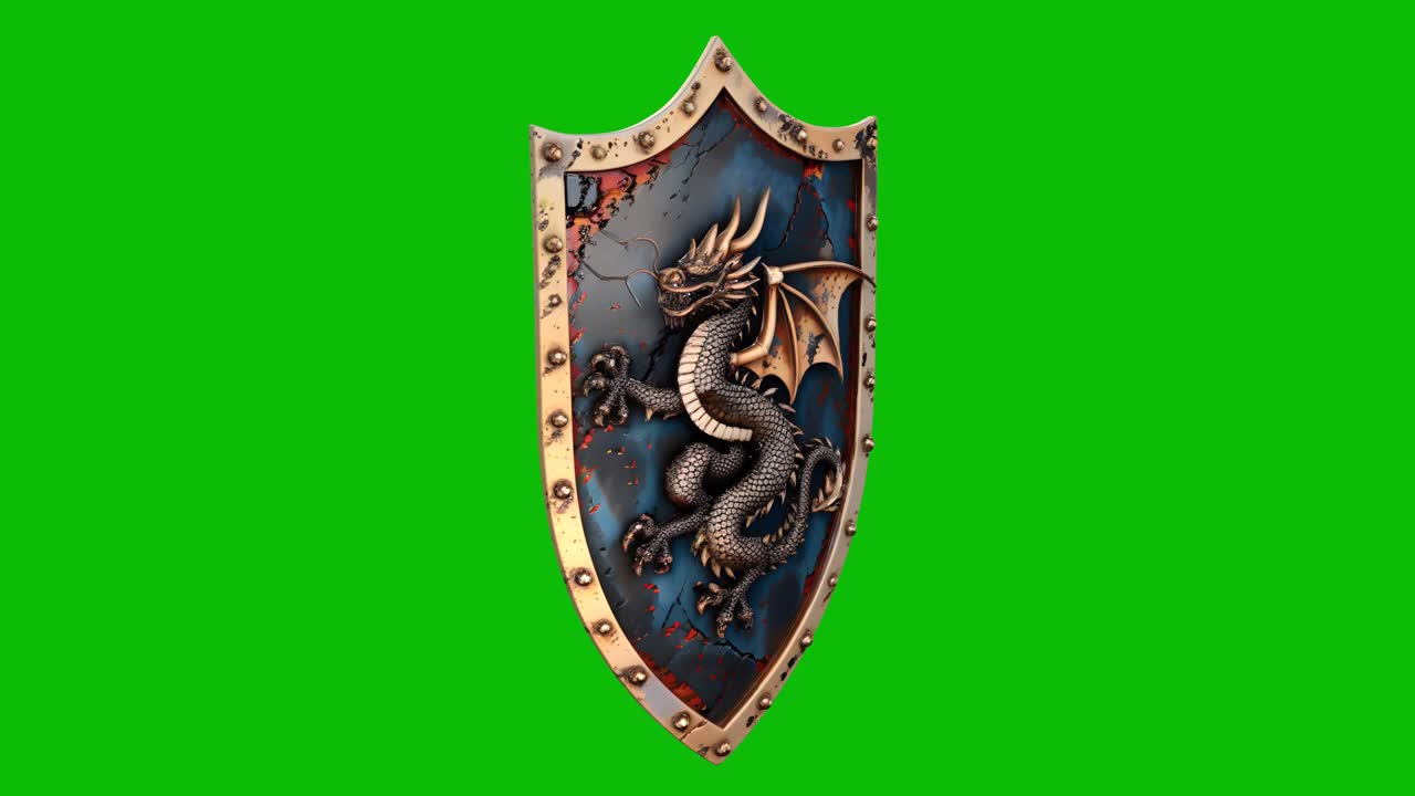 高精細な3Dファンタジー盾デザイン09。使い古された金属表面、華やかなリベット、ドラゴンのエンブレムが特徴。グリーンスクリーンで分離されており、ファンタジーゲーム、壮大なプロジェクト、VFXコンポジションに最適です。