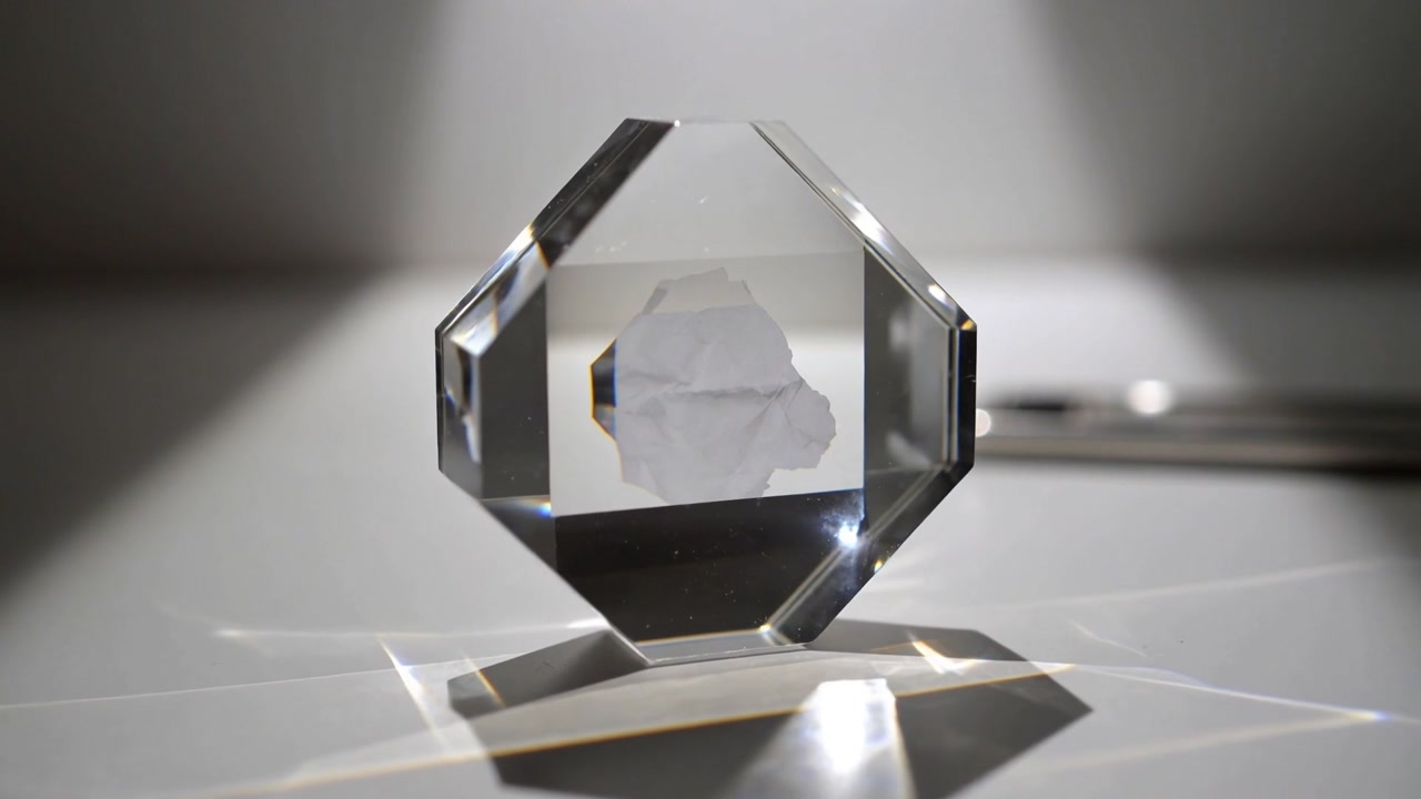 Camera shifting prism rotating front on white tabletop, revealing inclusion and spotlight caustics