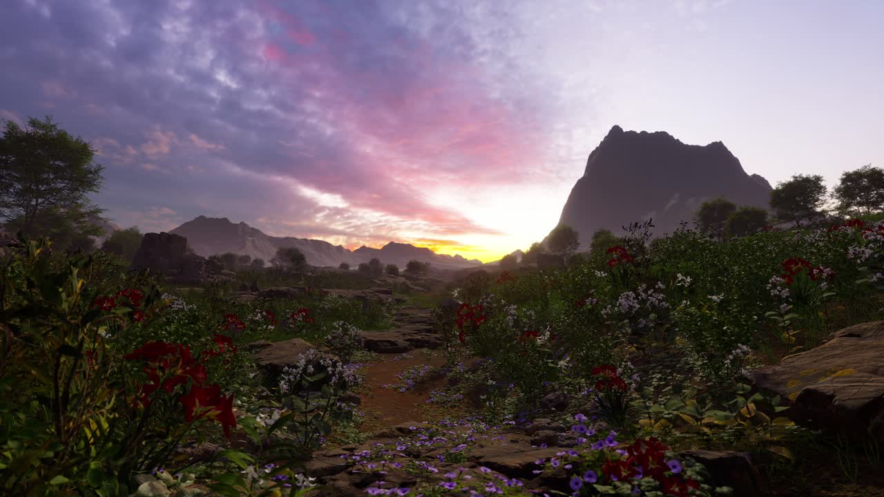 Trail Cuts Through Wild Flowers In Mountains, Sunset Time