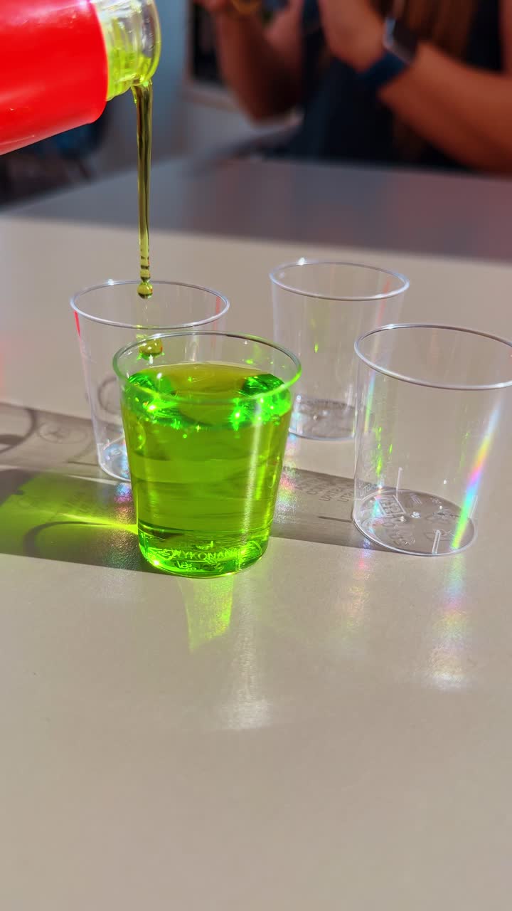 Rót chất lỏng màu xanh nõn chuối vào ly shot nhựa. Cảnh quay hành động về rượu mùi xanh nõn chuối sáng đang được rót từ một chai màu đỏ vào các ly nhỏ trong suốt trên bàn.