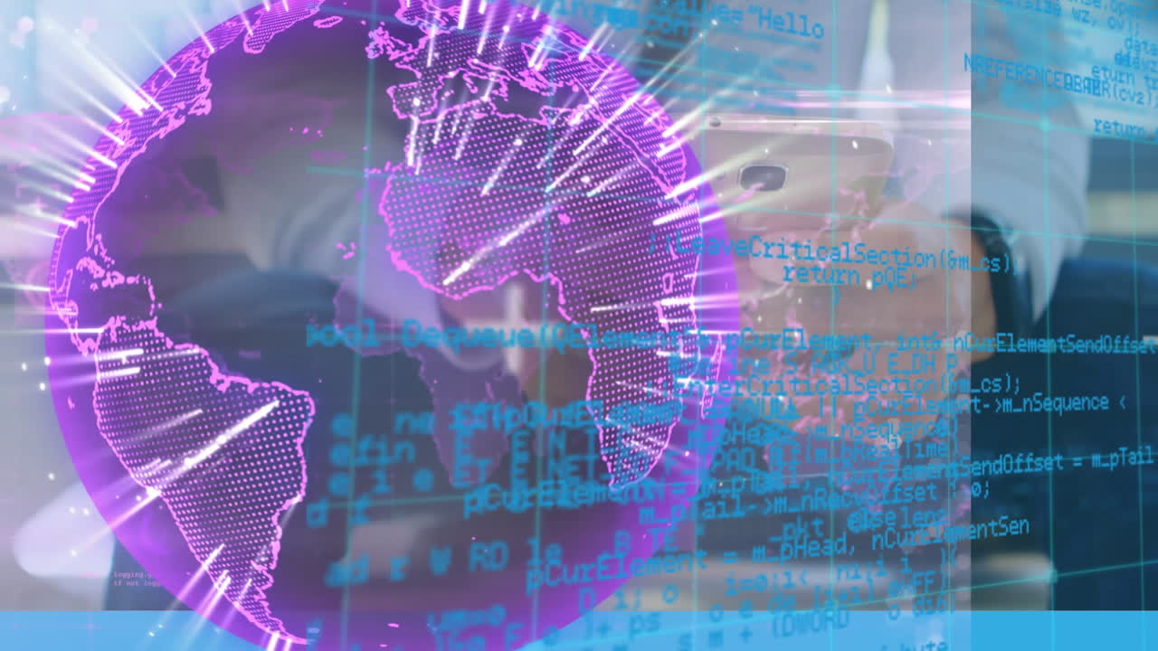 animación de la red mundial de conexiones y procesamiento de datos a través de un empresario que usa un teléfono inteligente