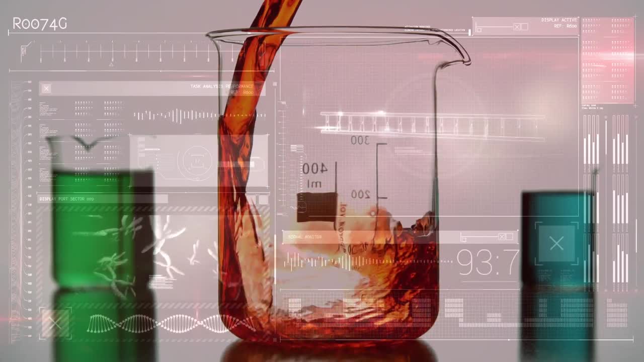 비커에 있는 화학물질을 측정하는 디지털 복합