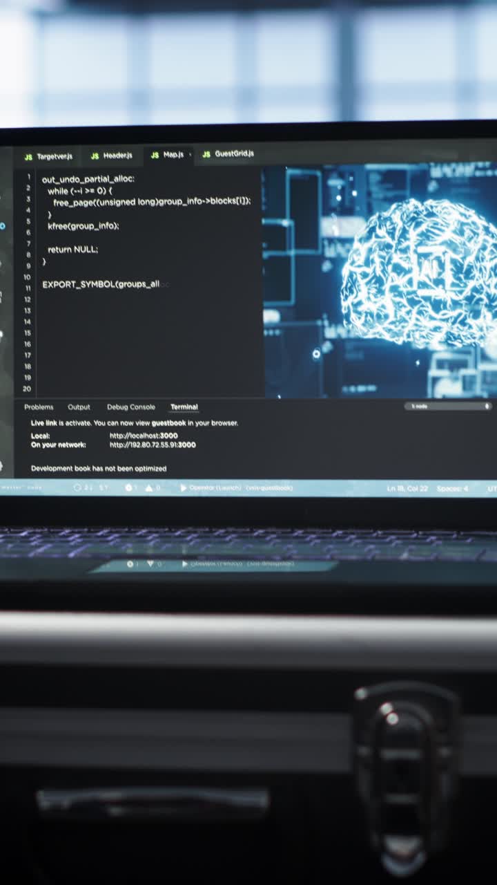 Programming Code and AI Brain Graphic on Laptop Screen