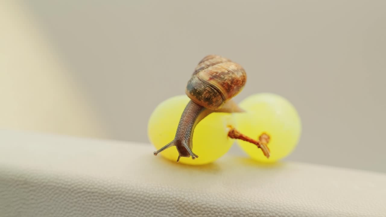 Snail glides across fruit in soft light – slow motion macro shot, yellow grapes
