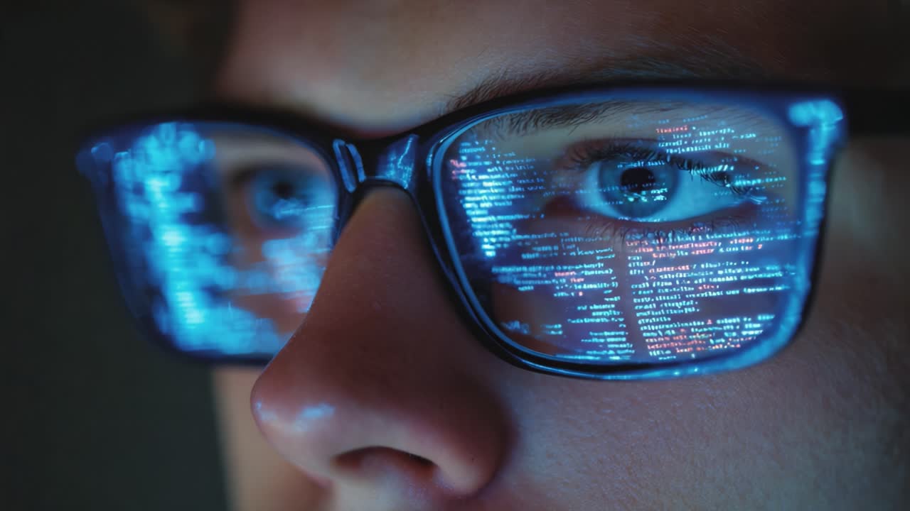 Close-Up View of an Individual Engaged with Code on Innovative Glasses, Showcasing a Clear Reflection of Programming Extensions and Digital Interfaces in a Dark Environment