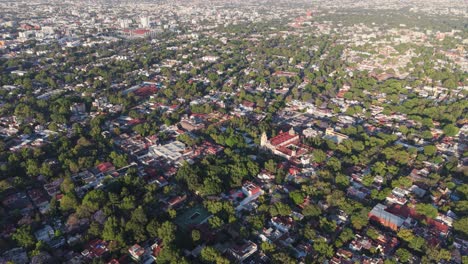 springtime wide-angle aerial perspective of wooded coyoacan area, cdmx