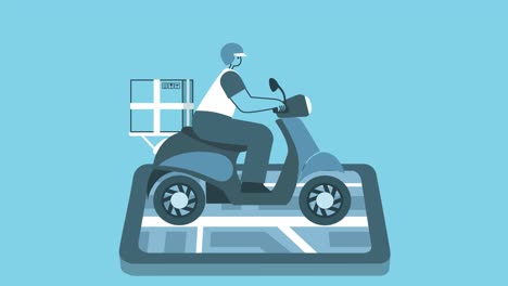 el repartidor plano monta un scooter. concepto de entrega en línea. diseño plano personaje de dibujos animados ciclo aislado animación 2d con alfa