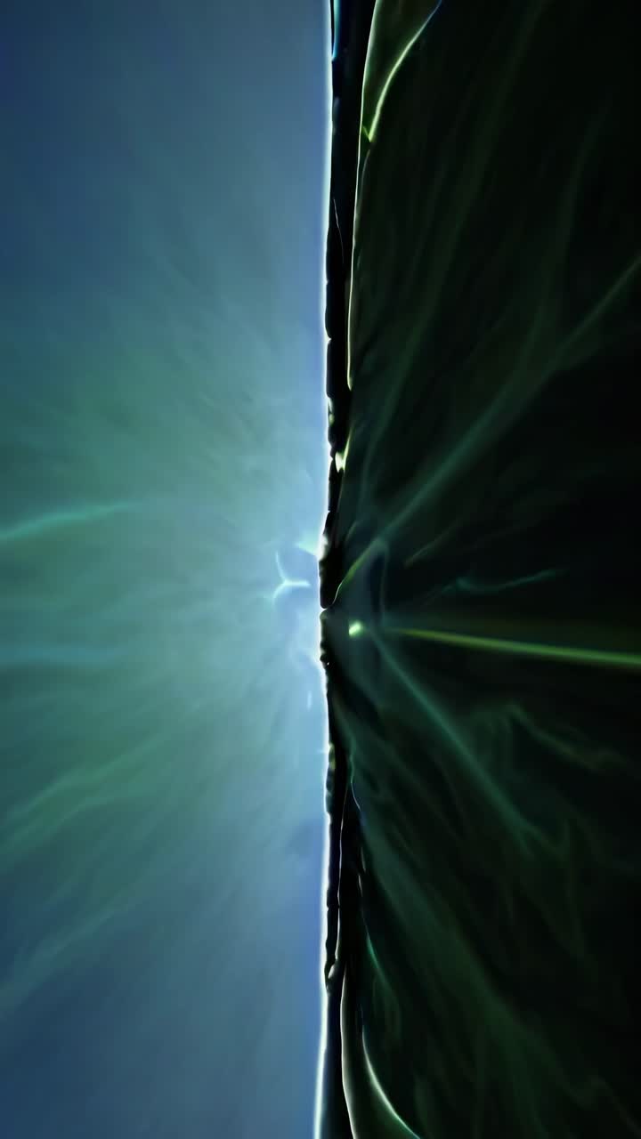 Light rays emanating from a central source illuminate a dark abyss, creating an abstract background with contrasting green and blue hues, suggesting a cosmic or otherworldly scene