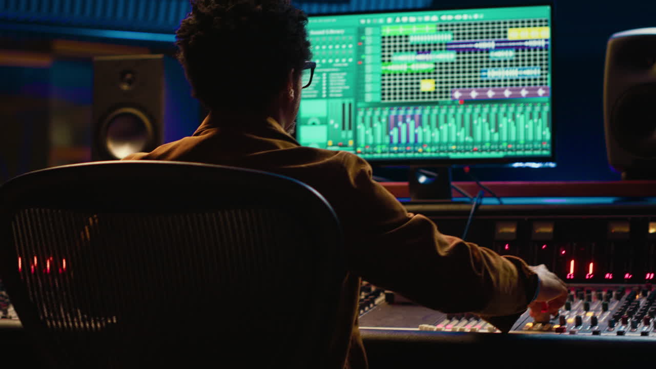 African american sound designer editing audio recordings in control room