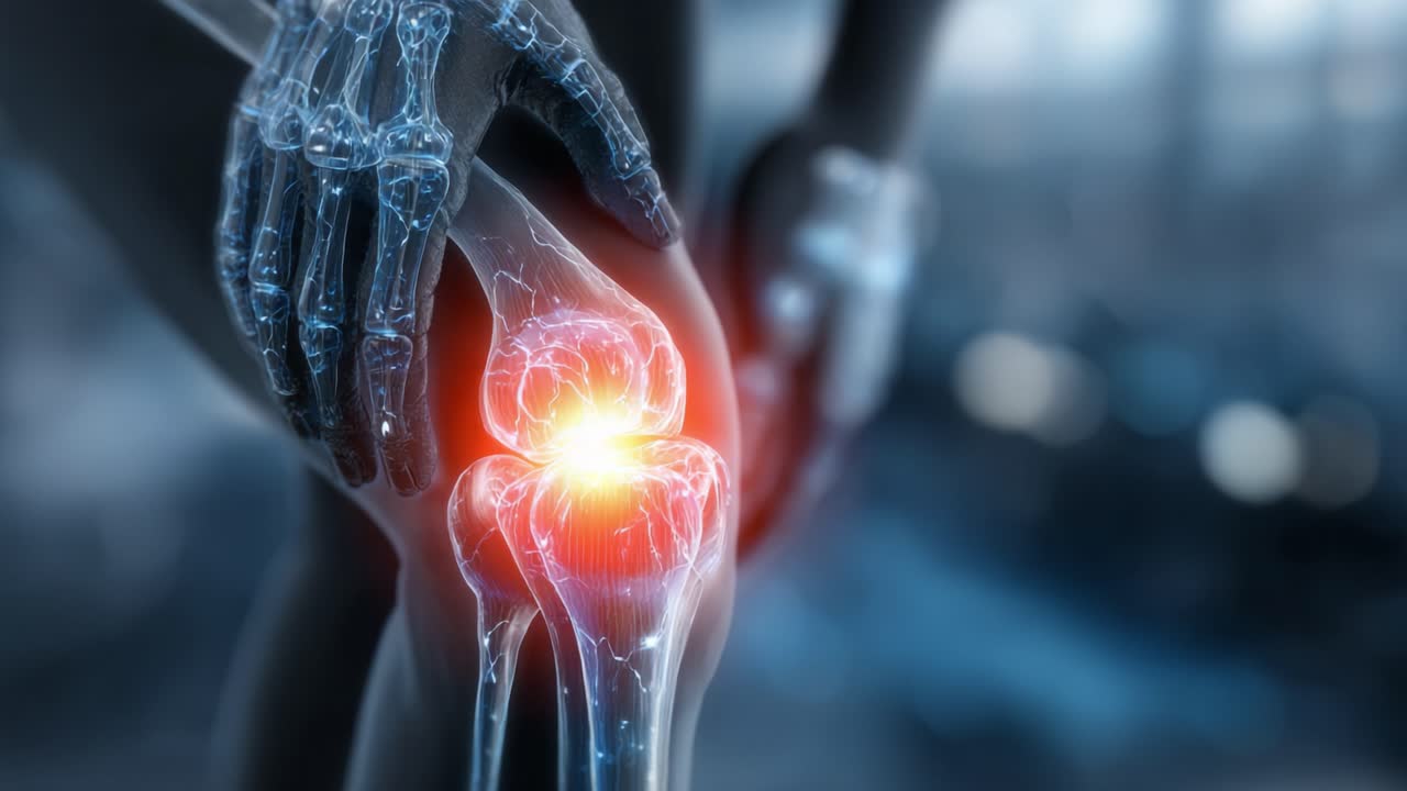 En nærbillede-udforskning af anatomisk visualisering: Fremhæver smerte og skade i knæleddet med et detaljeret røntgenlignende perspektiv