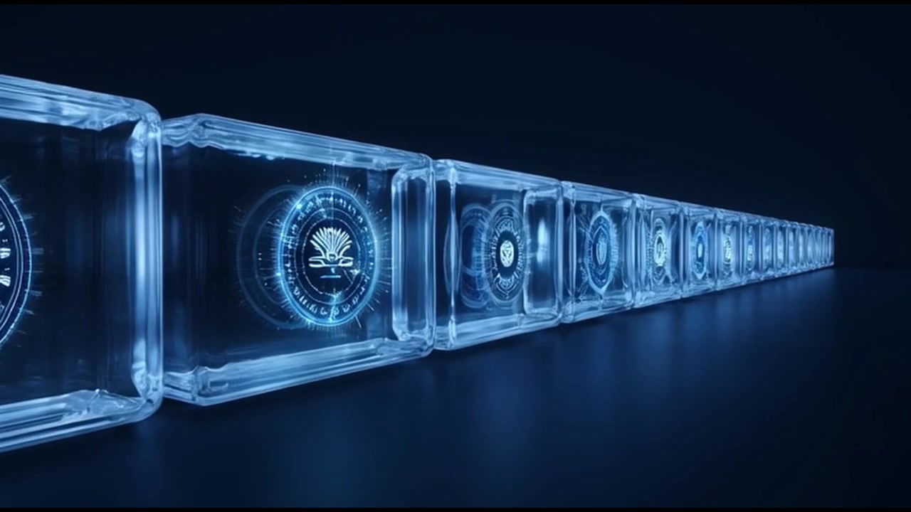 Glowing Digital Symbols Rotating in Transparent Blocks