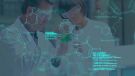 Animation-of-science-data-processing-over-two-caucasian-scientists-in-laboratory