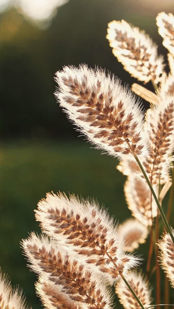 Close-up video shot of sunlit pampas grass with a soft focus and warm backlighting
