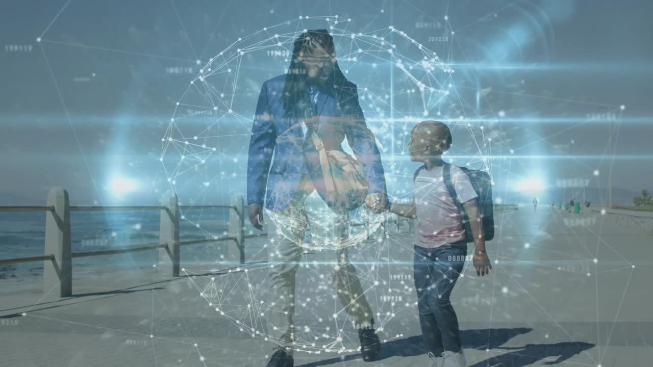 Dad walking son along waterfront, stepping centering globe, child reaching, supervising for tech