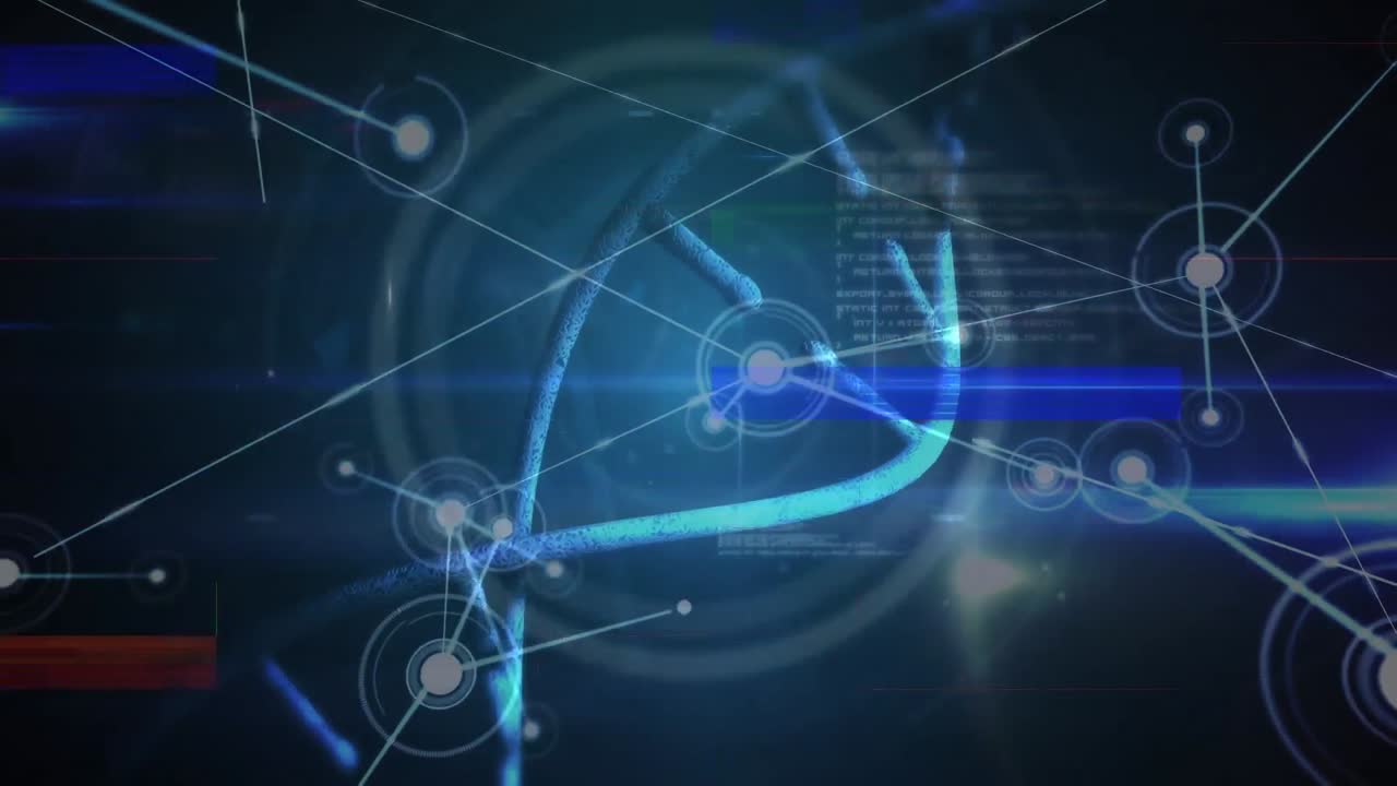 파란색 배경에 과학적 데이터 처리 위에 회전하는 dna 가닥의 애니메이션