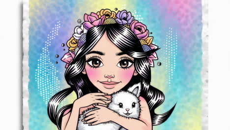 girl with flower crown holding a white cat