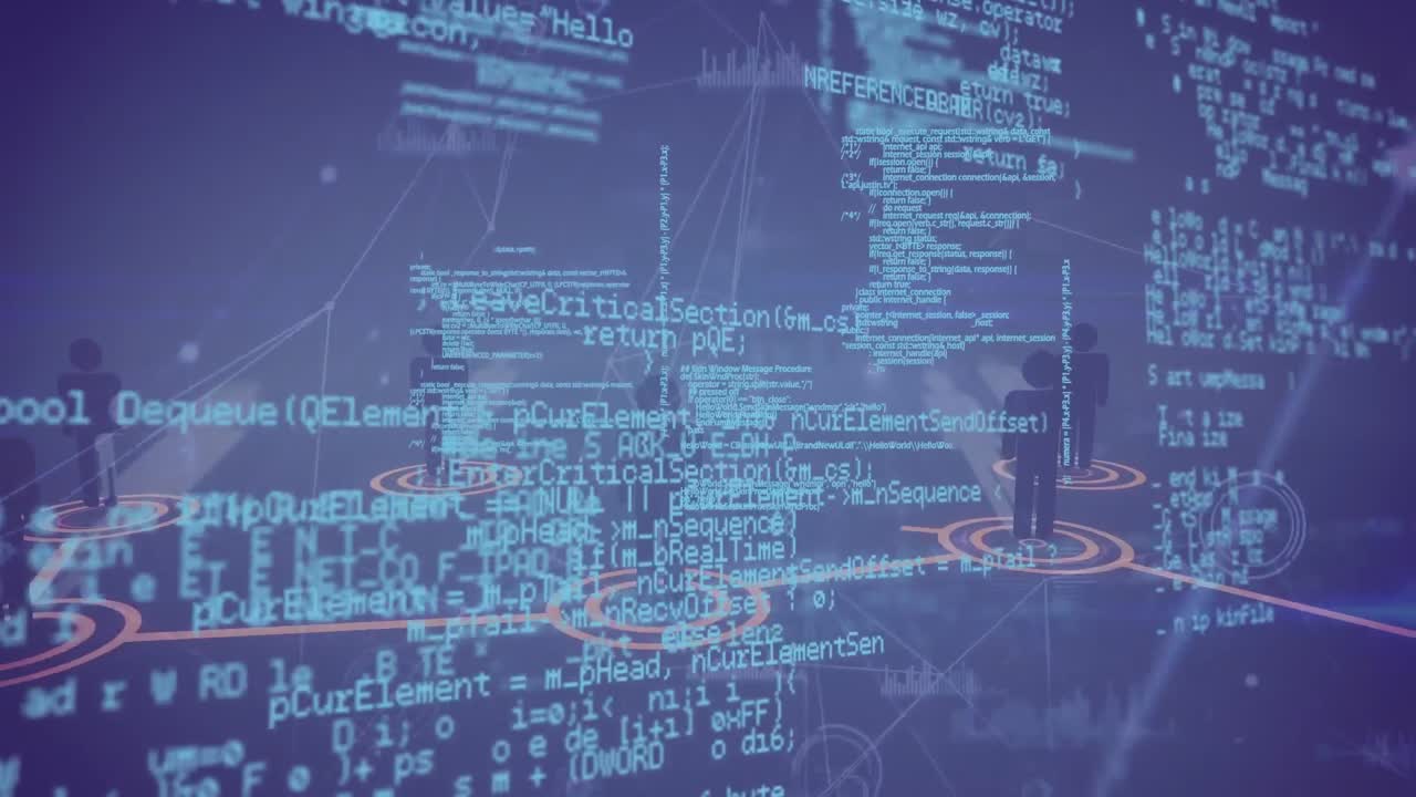 아이콘과 하늘 위의 데이터 처리로 연결 네트워크의 애니메이션