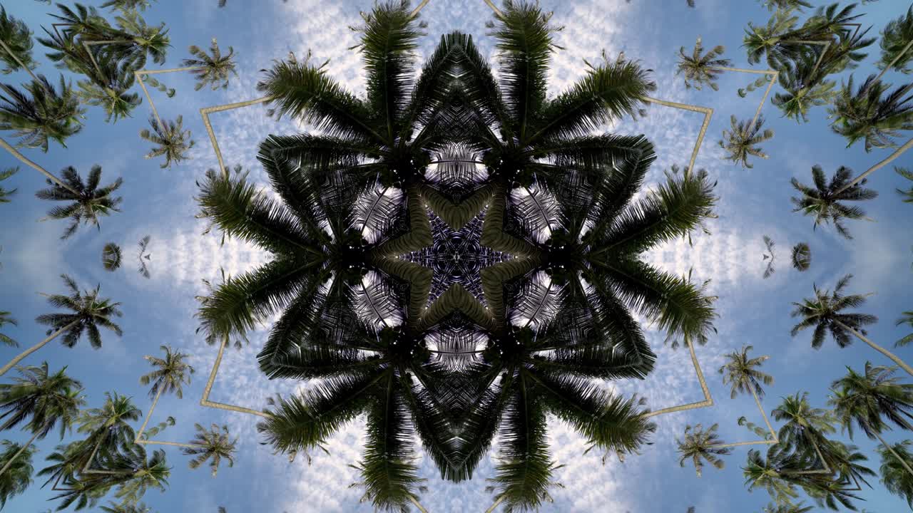 ilusión de caleidoscopio árbol de coco óptico en el cielo azul