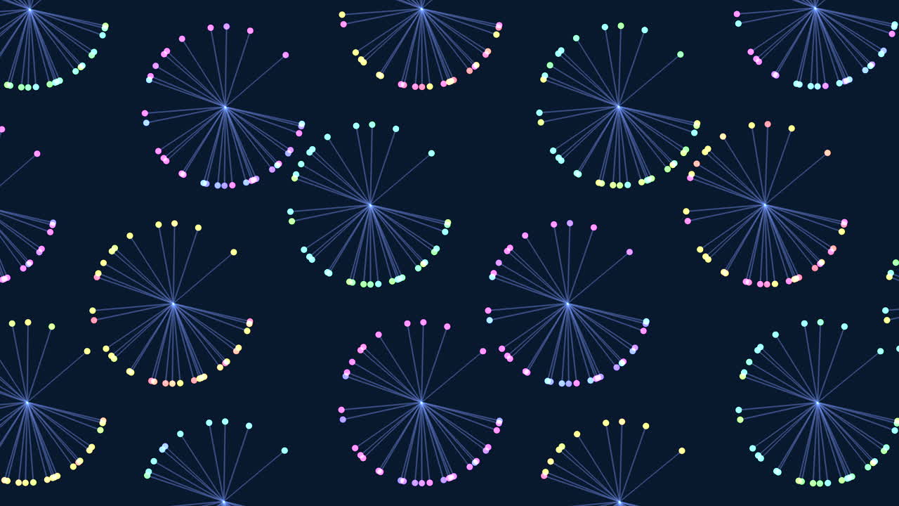 Colorful glowing dots in shades of blue and purple form a spinning circular pattern against a dark background, creating a captivating and dynamic visual display