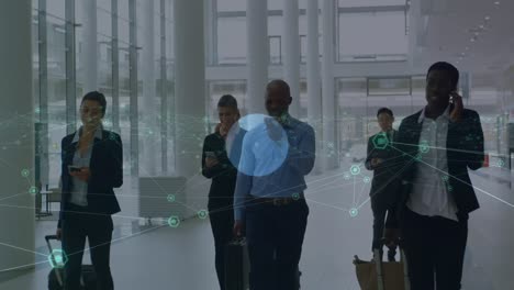 animation of networks of connections with icons over diverse business people