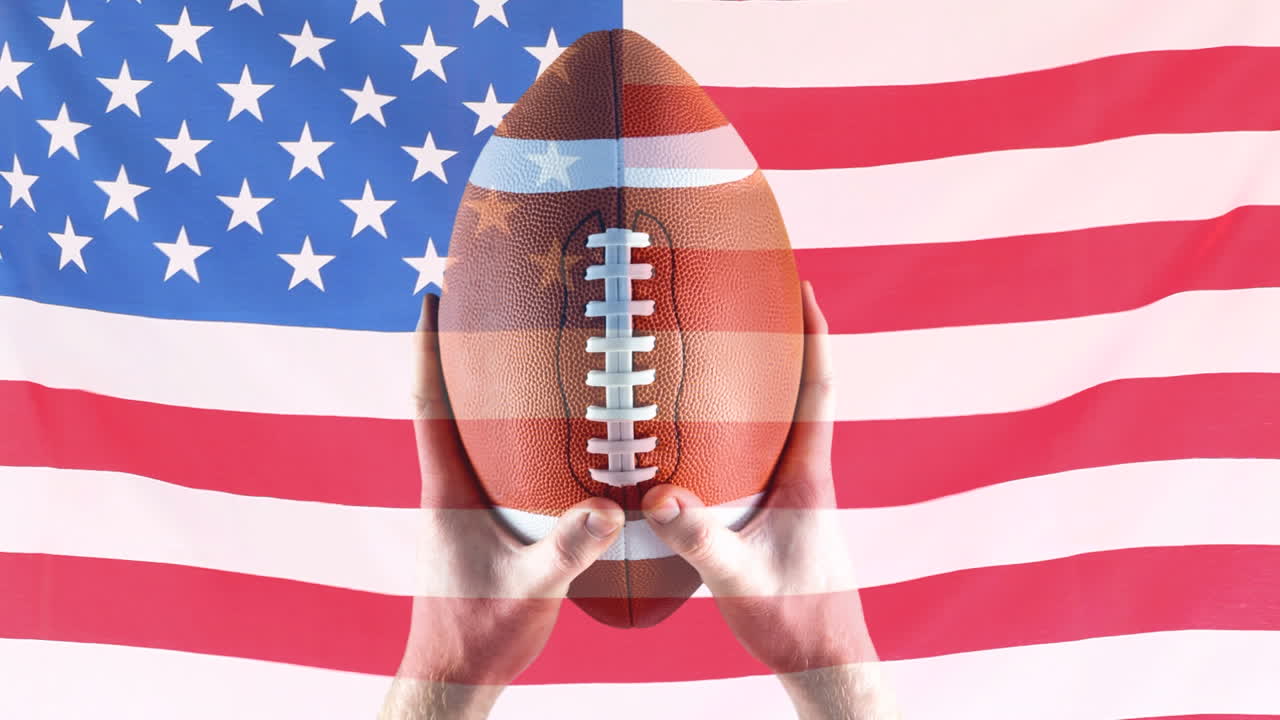 Animazione digitale di un giocatore di rugby che tiene una palla da rugby sullo sfondo della bandiera americana 4k