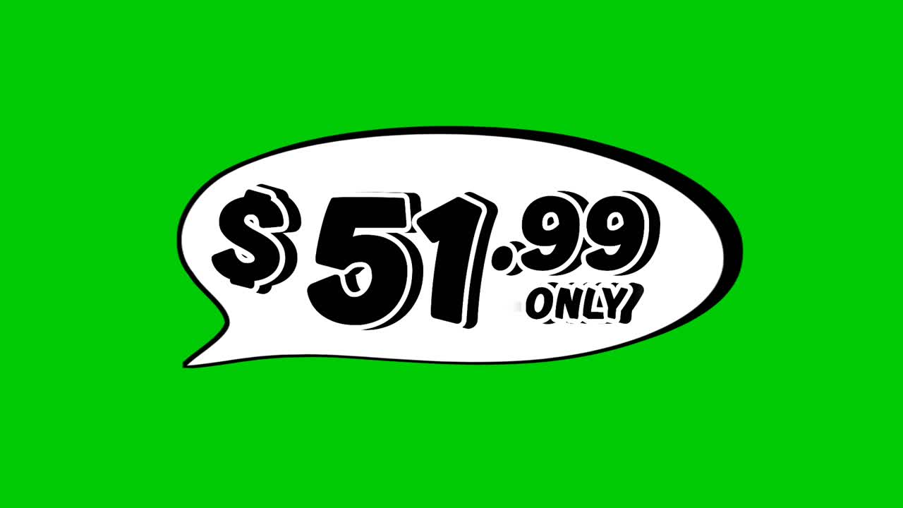 Animazione con cartellino del prezzo a 1,99 $ in grafica in movimento a forma di fumetto su sfondo verde. Perfetta per annunci, e-commerce, vendita al dettaglio, sconti e video promozionali per il business.