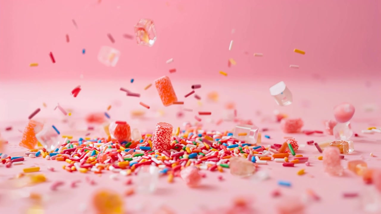Fallende gummisylindere og geléterninger treffer en haug med strøssel på en rosa bordplate, og sprer biter