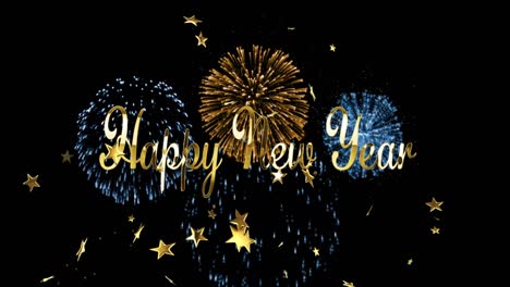 animation of happy new year text over fireworks and stars falling