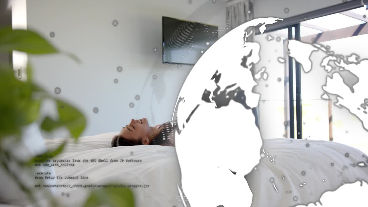 Woman entering sliding door stepping onto bed resting while tech orb code overlay passing over her