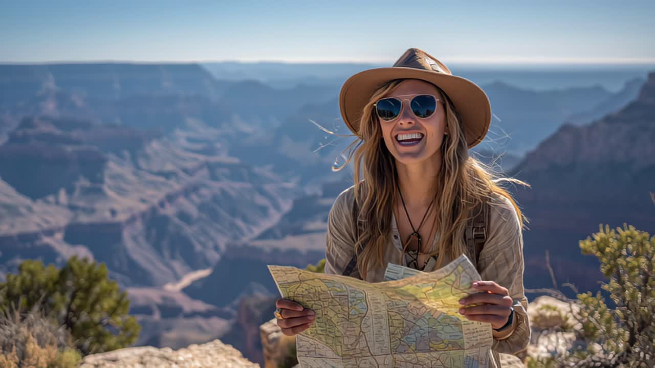 Riprese di una donna viaggiatrice felice con cappello e occhiali da sole che tiene una mappa cartacea in un punto panoramico su un canyon, godendosi l'avventura all'aria aperta e un viaggio di vacanza nella natura.