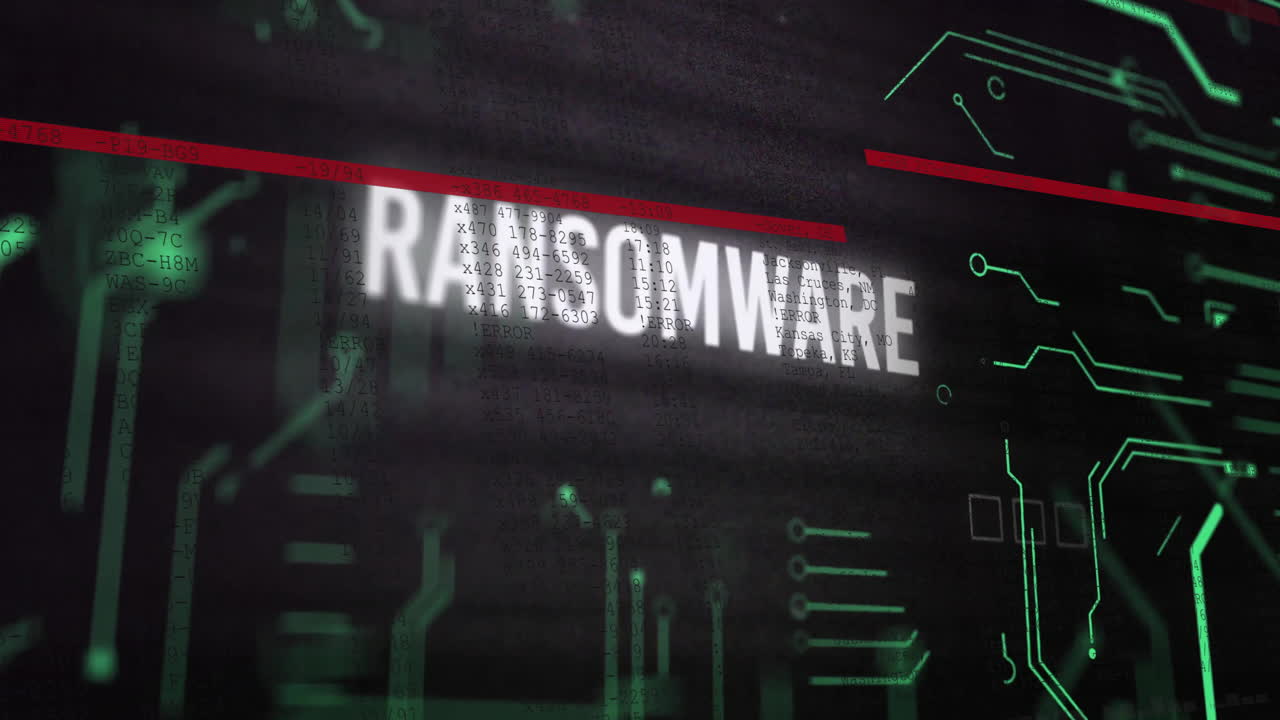 Animation of ransomware text and digital data processing over black background