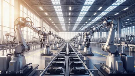 advanced manufacturing facility featuring multiple industrial robots streamlining production process with automation in a modern assembly line environment