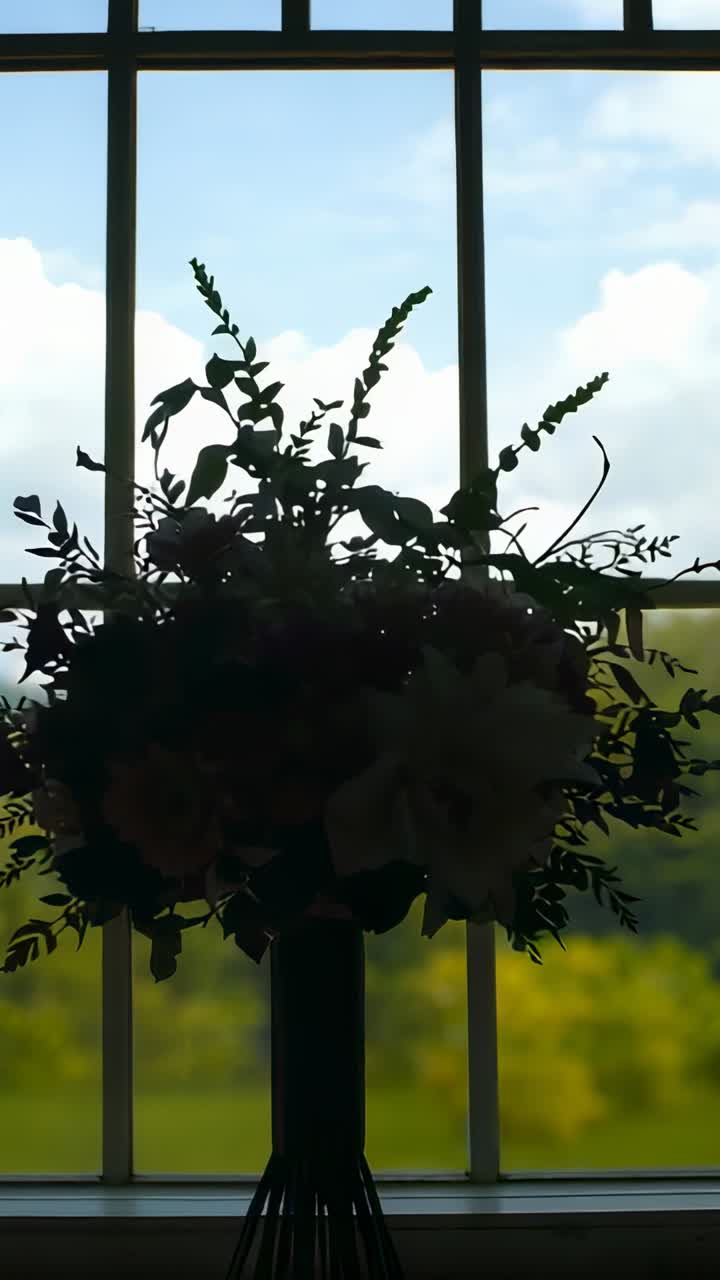 Vertical video: Shifting sunlight revealing bouquet silhouette on sill, tall vase and treeline