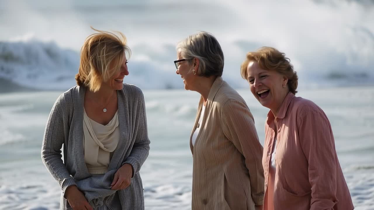Laughing senior trio in gray, pink shirt, glasses walking shore, surf rolling, wind lifting scarf