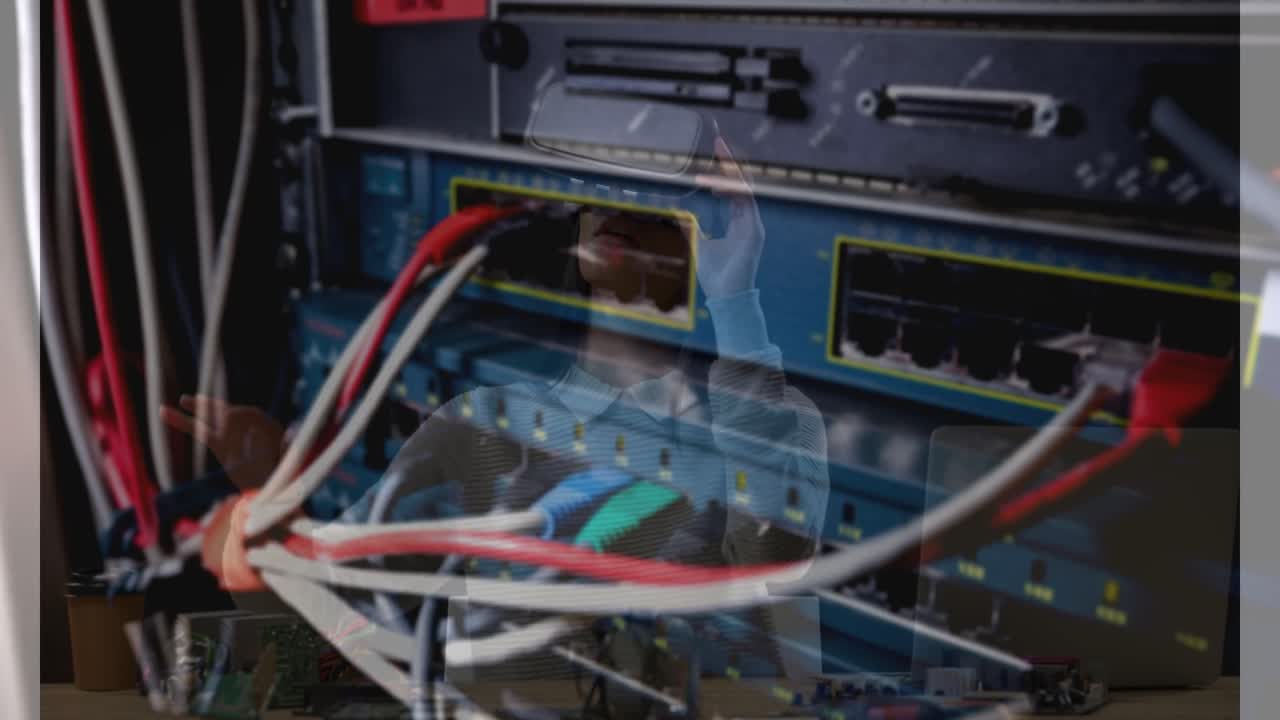 animación de mujeres usando auriculares vr sobre la sala del servidor