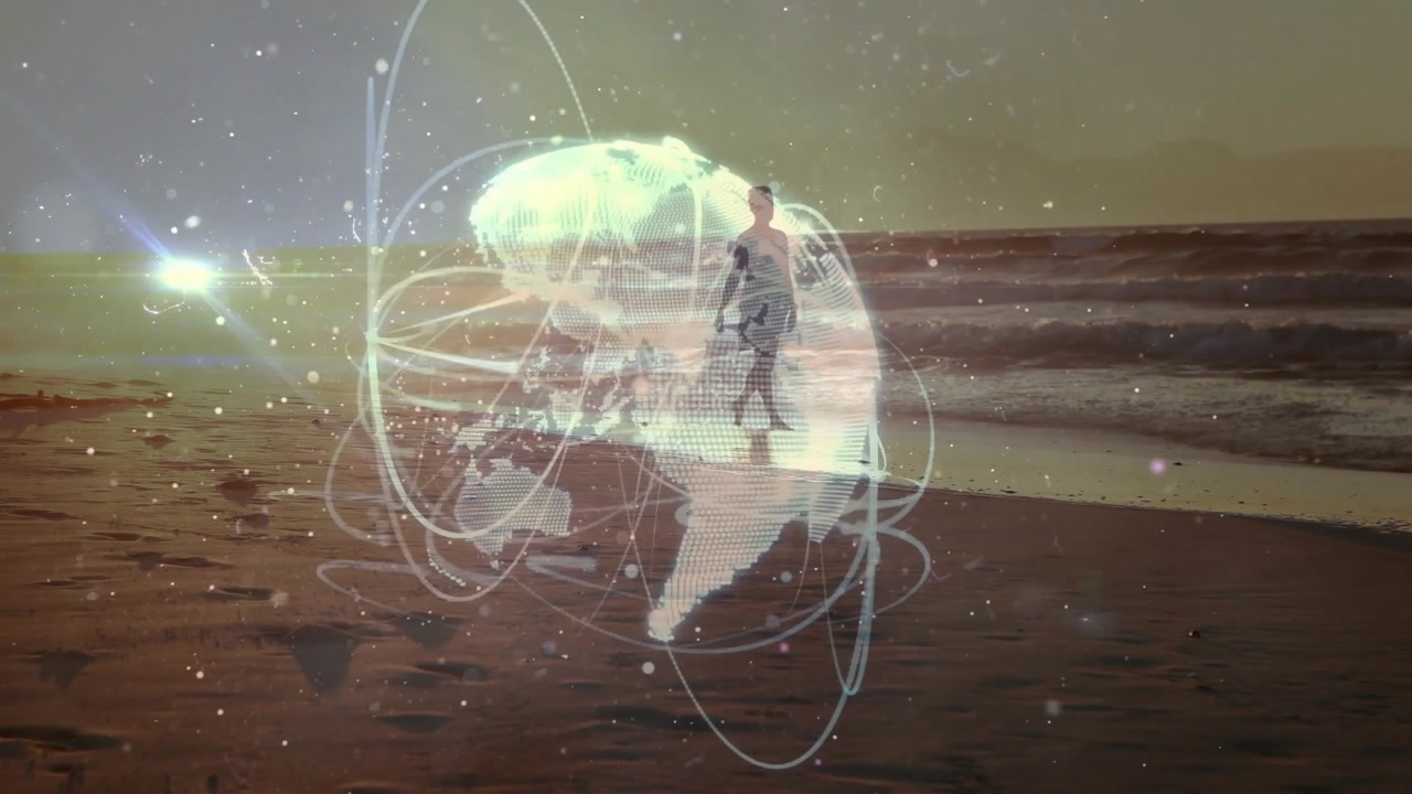 Hologram globe fading ashore tracing arcs as senior woman walking merging into tech network