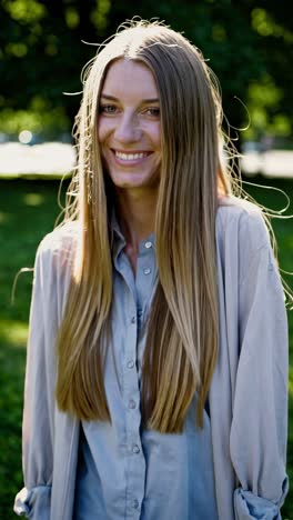 happiness and serenity emanate from a young woman with long blond hair, wearing a casual gray shirt, as she smiles gently amidst a natural, verdant setting