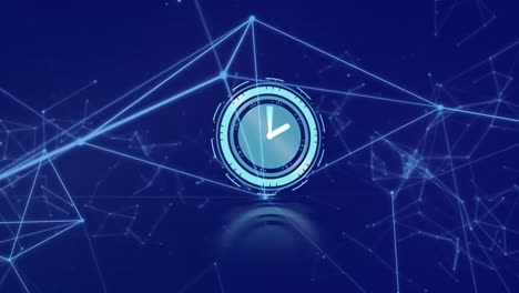 Animation-of-clock-and-network-of-connections-on-dark-blue-background