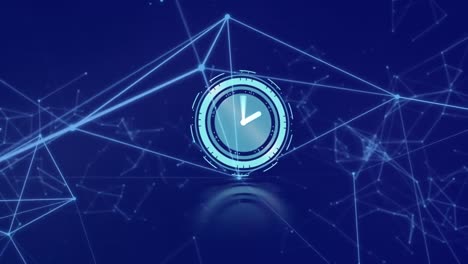 animación del reloj y la red de conexiones sobre fondo azul oscuro